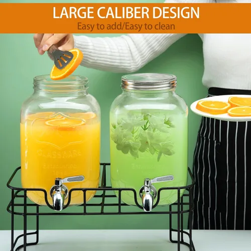 Miniatura 5 de Dispensadores de bebidas de vidrio de 1 galón para fiestas, paquete de 2 dispensadores de bebidas con soporte, cilindro de hielo y espita de acero