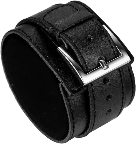 Avaner Pulsera ancha de cuero para hombre, estilo punk, gótico, rock, motociclista, color negro