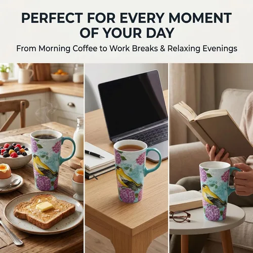 Miniatura 3 de Taza de viaje de cerámica de hortensia de jilguero de 17 onzas con tapa, taza de café floral de pájaro verde azulado con caja de regalo, taza de té