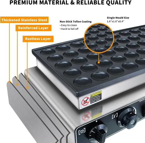 Miniatura 3 de KOOTEN Mini panqueques holandés, 50 wafleras grandes comerciales, máquina eléctrica para hacer crepas, máquina eléctrica antiadherente redonda con 2