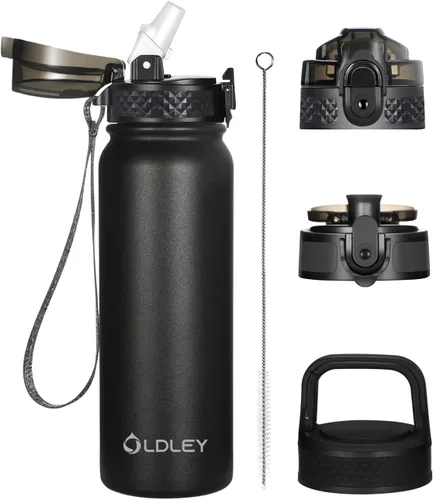 Miniatura 33 de Botella de agua aislada Oldley de 12 oz con pajita, botella de agua de acero inoxidable con 2 tapas, botellas de doble pared con vacío para adultos