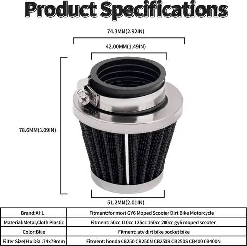 Miniatura 3 de AHL Filtro de aire negro de 1.654 in de alto rendimiento de almacén / 150 cc-250 cc para motocicleta, scooter, ATV Dirt Bike (1 unidad)