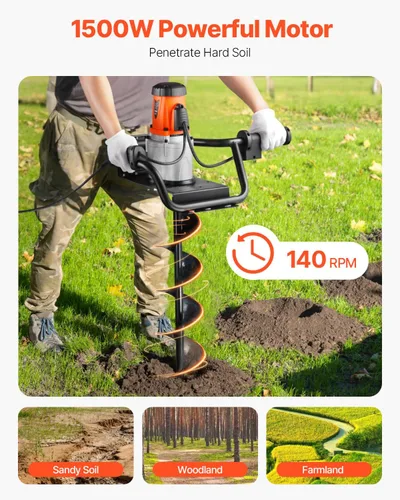Miniatura 2 de VEVOR Excavadora eléctrica de agujeros para postes, broca de taladro de 5.71 pulgadas con potente motor de 1500 W, broca de taladro de tierra