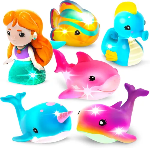 Tub Works® Mermaid Lagoon™ Light Up Bath Toys, 6 Pack | Water-Activated Light Up Toys Flash & Change Color | Easy-Grip Baby Girl & Toddler Bath Toys