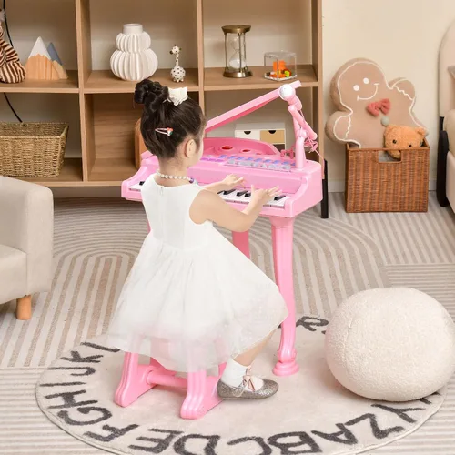 Miniatura 7 de Costzon Piano para niños, mini teclado de juguete de piano de cola de 31 teclas con micrófono, taburete y luces, piano electrónico portátil, juguete