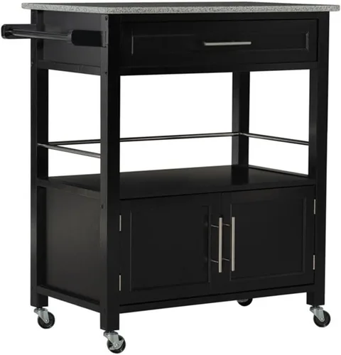 Riverbay Furniture Mesa de cocina con ruedas de madera de pino con ruedas y tapa de granito en negro