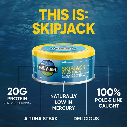 Miniatura 6 de Wild Planet - Atún Skipjack Salvaje, Sal Marina, Atún Enlatado, Atrapado con Caña e Hilo de Forma Sostenible, Sin Transgénicos, Kosher, Lata de 5