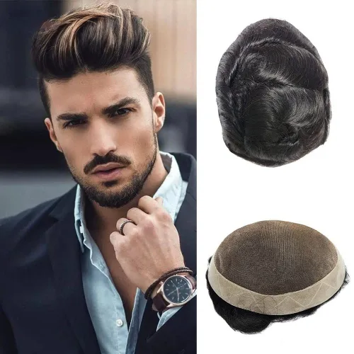 Peluca de hombre Toupee fina mono y poliuretano para hombre, prótesis capilar duradera, sistema de reemplazo de cabello natural, peluca masculina de