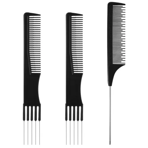 Juego de 3 peines para el cabello, peine de burlas con peines de metal y dientes finos, cola de rata, peines de separación de salón para la espalda,