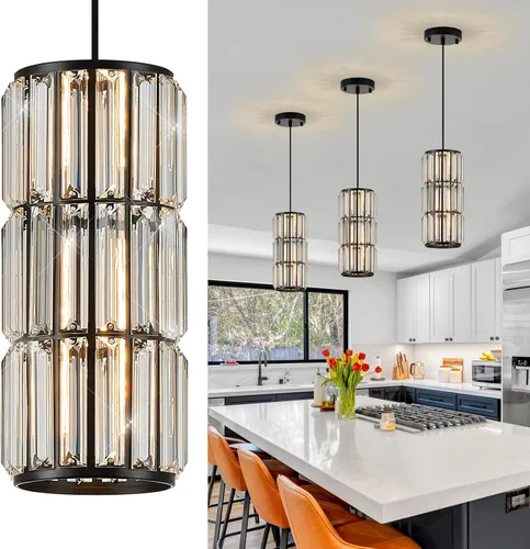 Iluminación colgante negra, lámpara colgante moderna de cristal mini, juego de 3 candelabros ajustables para cocina, isla, comedor, dormitorio