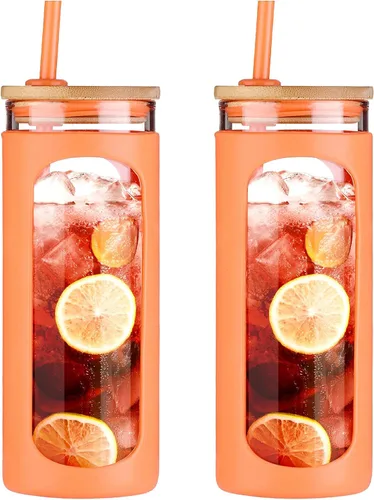Miniatura 24 de Kodrine Vaso para agua de vidrio de 20 onzas con popote y tapa, botella de agua con tapas de bambú, taza para café helado, reutilizable, boca ancha