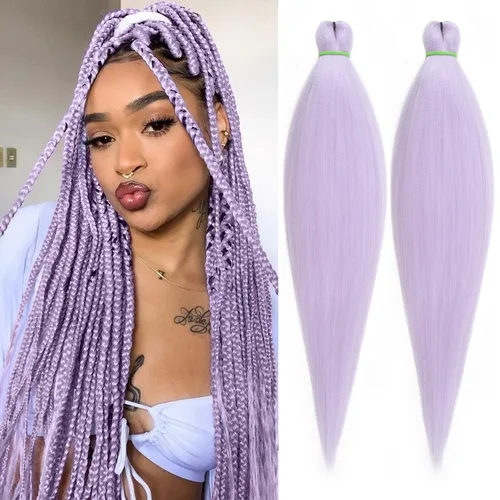 Miniatura 9 de Leeven 26 pulgadas, 2 paquetes de cabello trenzado color lila claro preestirado, cabello trenzado lavanda preestirado, extensiones de cabello