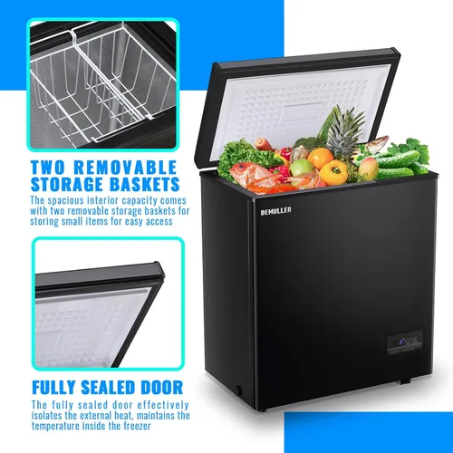 Miniatura 9 de DEMULLER Congelador de pecho de gran capacidad (hasta -11.2 ℉) con dos cestas extraíbles independientes, color negro, tamaño compacto para el hogar