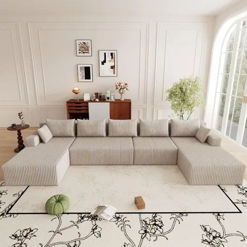 Miniatura 29 de Sofá modular de 95 pulgadas con otomana, moderno sofá nube de pana con asiento profundo, sofá sin hueso tapizado de 3 plazas en forma de U para sala