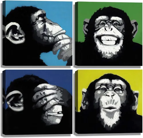 Arte de pared moderno de animales en blanco y negro, divertido mono gorila moderno para oficina, arte pop de mono, impresión de pintura enmarcada