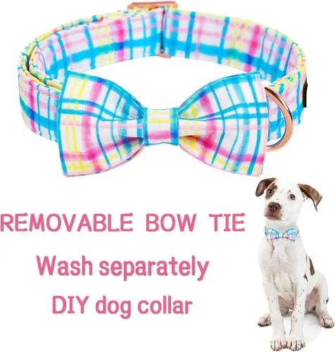 Miniatura 3 de Unique style paws Collar de perro para el día de Pascua con pajarita, collar de cachorro de cuadrícula azul y rosa para niños pequeños, medianos