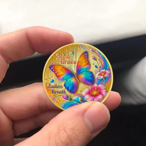 Miniatura 2 de Moneda de sobriedad con flor de mariposa Moneda AA de gracia sobria – Medallón de chip AA con alcohol anónimo inspirador Monedas de alcohólicos