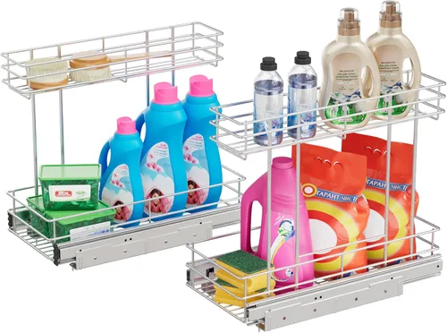 Miniatura 14 de Organizador de gabinete extraíble de 2 niveles para debajo del fregadero, cesta de estante de alambre deslizante para gabinetes de base de cocina, 9