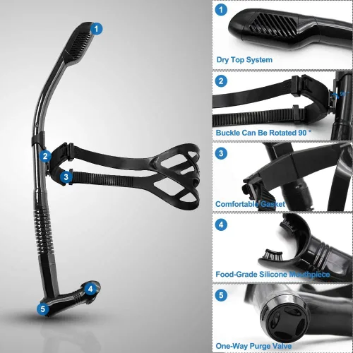 Miniatura 5 de Función de rotación Snorkel de natación para entrenamiento Natación Snorkel delantero Natación Entrenamiento Nadador Buceo Buceo Buceo Cómodo Negro