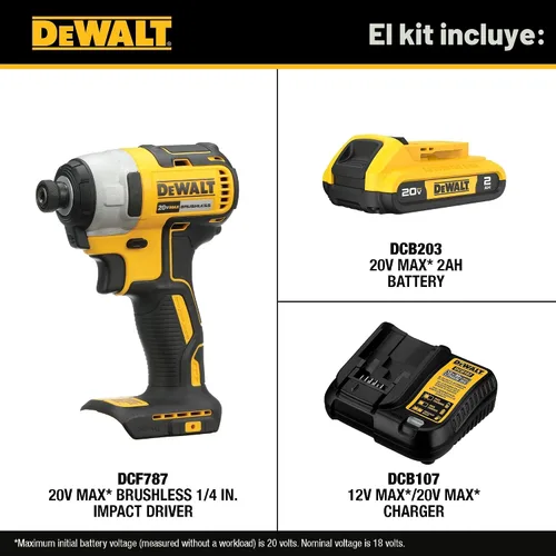 Miniatura 2 de DEWALT Atornillador de Impacto 20V MAX, 1/4 Pulgada, Batería y Cargador Incluidos (DCF787D1)