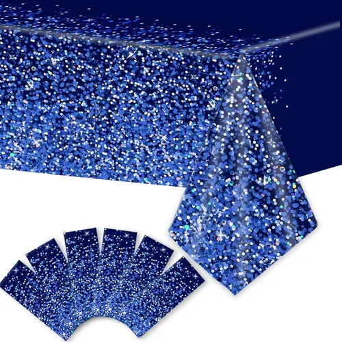 Miniatura 8 de 3 piezas Manteles Azul Plateado Decoraciones de Fiesta Mezclilla y Diamantes Mantel Azul Marino y Plateado Desechable de Plástico Confeti Real