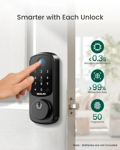 Miniatura 4 de DESLOC Smart Lock B200 versión WiFi, cerradura de puerta de entrada sin llave de huellas dactilares, control remoto de aplicación, cerraduras Negro