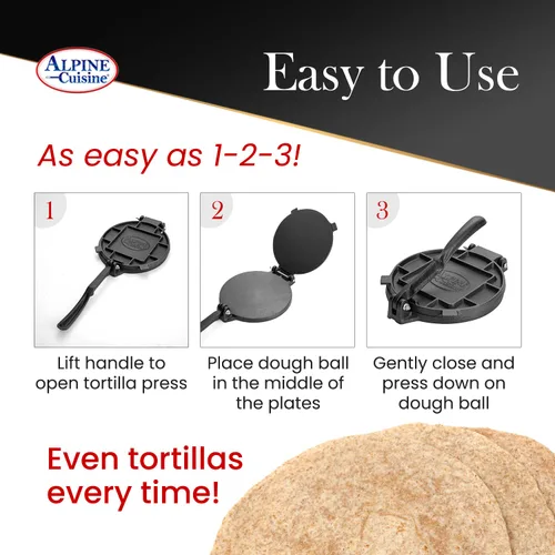 Miniatura 8 de Alpine Cuisine Prensa profesional de tortilla de hierro fundido, fabricante de tortillas de 7 pulgadas, asas cómodas que permiten una presión