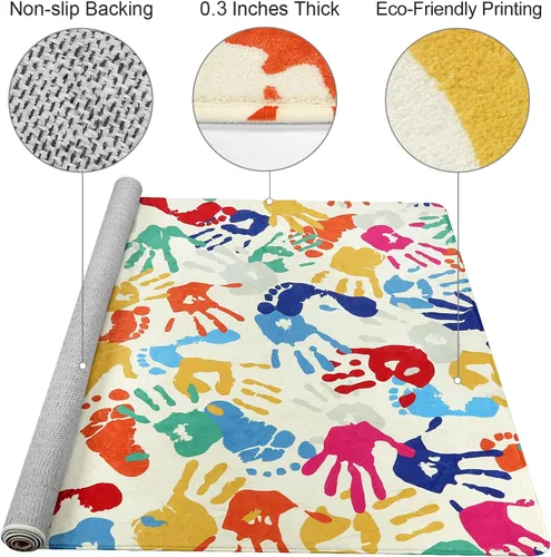 Miniatura 5 de STARUIA Alfombra colorida para sala de juegos de 8 x 10 pulgadas, alfombra grande de huellas de manos y huellas, alfombra antideslizante y lavable