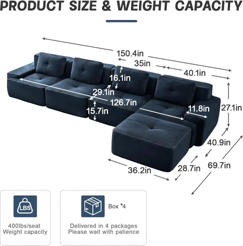 Miniatura 2 de Sofás modulares sin hueso de 152.8 pulgadas para sala de estar, sofá modular con diván en forma de L, cómodo asiento profundo tapizado de tela