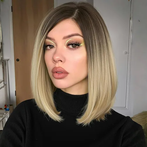 Miniatura 13 de Quick Wig - Pelucas Ombre, verde menta, corto, lacio, peluca bob, parte media sintética, para uso diario, cosplay, fiesta, pelucas completas