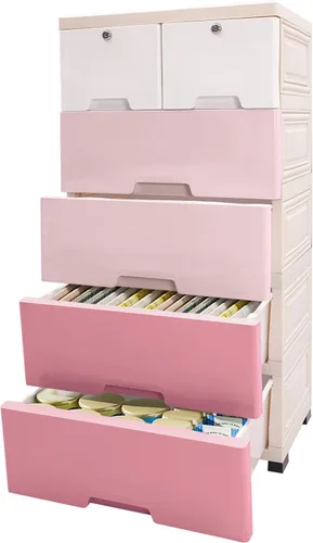 Miniatura 6 de Cajones de plástico, gabinete de almacenamiento de 5 niveles, torre de 6 cajones con ruedas y llaves, estante organizador de almacenamiento, armario