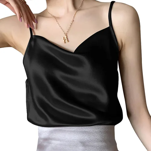 Miniatura 2 de Miqieer Camiseta básica de seda para mujer, con cuello en V, holgada, sin mangas, de satén, para mujer