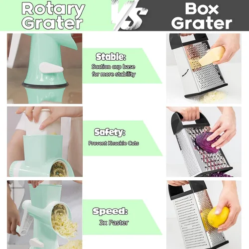Miniatura 3 de Rallador de Queso Multifuncional Rotativo con Manivela Manual – Rallador de Queso Ralla, Rebana, Pica sin Esfuerzo. Aplicable para Queso, Verduras