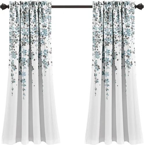 Miniatura 7 de Lush Decor Weeping Flower - Paneles de cortina para ventana con filtro de luz, par, 52 pulgadas de ancho x 63 pulgadas de largo + cabecera de 2 Azul