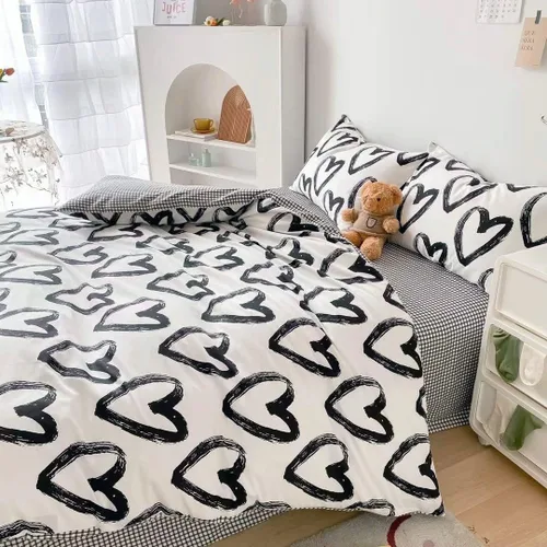 Miniatura 5 de Wellboo Juegos de Edredones de Amor Queen Negro y Blanco Ropa de Cama Edredones de Algodón Mujeres Niñas Colchas de Cama con Forma de Corazón Tinta