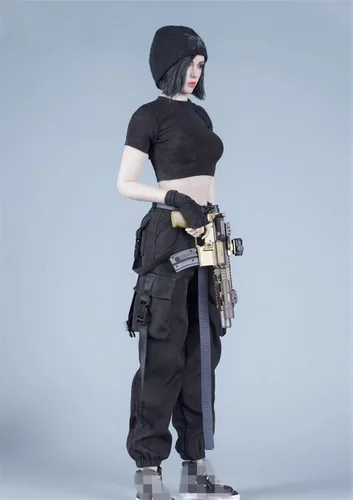 Miniatura 6 de Ropa femenina a escala 1/6, camiseta y pantalones, guante, cinturón, traje de disfraz para soldado de 12 pulgadas, figura de acción