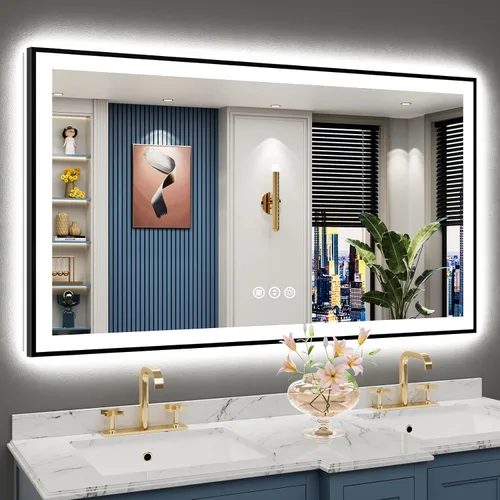 Miniatura 81 de 24x30 Espejo de baño LED con marco negro con luces, retroiluminado + iluminación frontal, espejo de tocador iluminado antivaho para pared de baño