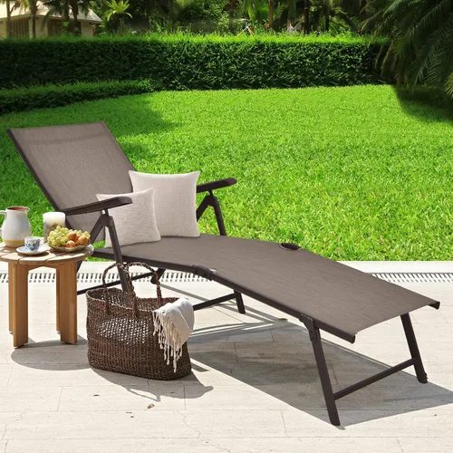 Miniatura 2 de Tangkula Sillón plegable para exteriores, tumbona reclinable con respaldo ajustable de 5 posiciones y reposapiés de 2 posiciones, no requiere Marrón