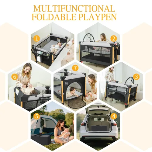 Miniatura 6 de Cuna de viaje junto a la cama para bebé con configuración de una mano, corral plegable 5 en 1, portátil con cuna, cambiador de pañales y colchón