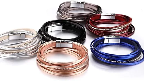 Miniatura 5 de Fesciory - Pulseras envolventes de cuero para mujer, brazalete con cuentas de cristal de leopardo, bohemia y multicapa