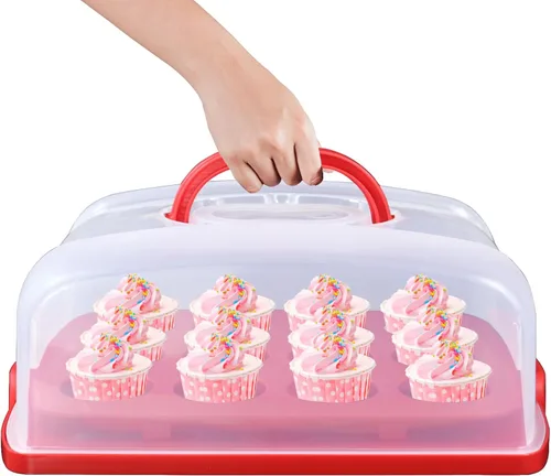 Miniatura 4 de Transportador 2en1 para magdalenas y pasteles con tapa, soporte rectangular para tartas, contenedor de almacenamiento portátil grande para guardar