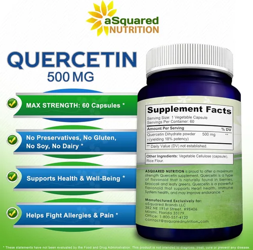 Miniatura 5 de aSquared Nutrition - Suplemento de Quercetina 500 mg – 60 Cápsulas – Píldoras de Polvo Complejo de Quercetina Dihidrato para Apoyar la Respuesta