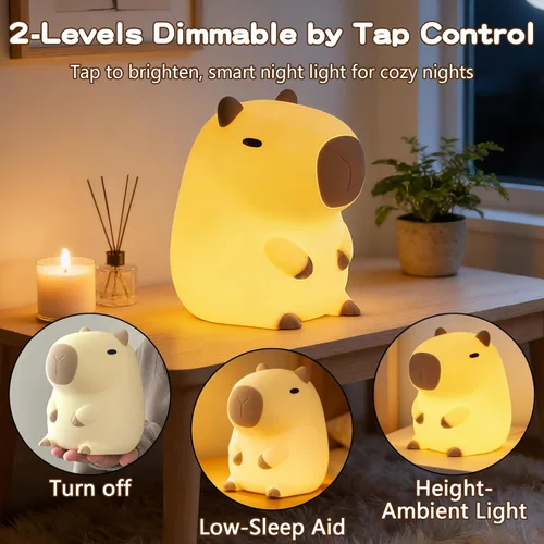 Miniatura 4 de FAMIDUO - Luz nocturna Capybara, luz de silicona blanda segura con temporizador, lámpara de noche táctil regulable y recargable, bonitos regalos