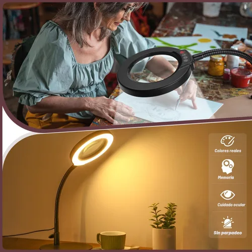 Miniatura 6 de Lupa de 10X con luz y soporte, lámpara de escritorio LED con 5 modos de color y atenuación sin escalones, lupa manos libres con cuello de ganso