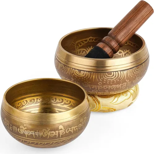 Miniatura 10 de Relaehih Juego de 2 cuencos tibetanos cantantes, 100% hechos a mano en Nepal, juego de meditación de cuencos con sonido para yoga, curación