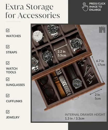 Miniatura 5 de TAWBURY Organizador de caja de reloj con 8 ranuras para hombre, funda de lujo de piel sintética con cajón Caja de reloj para hombres Estuche