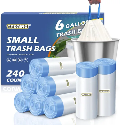 Miniatura 17 de Bolsas de basura de 6 galones con cordón de 1.1 mil, 120 bolsas de basura medianas, 22.5 litros de plástico fuerte sin perfume, bolsas gruesas