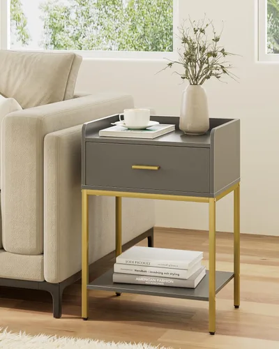 Miniatura 15 de Mesita de noche, mesita de noche moderna de 3 niveles, mesita de noche con cajón de almacenamiento y estante, mesa auxiliar pequeña para dormitorio