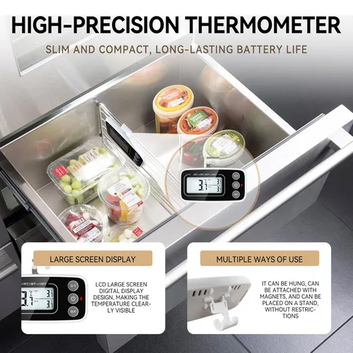 Miniatura 4 de Termómetro digital para refrigerador, 2 unidades, termómetro para nevera, congelador con pantalla LCD grande, incluye soporte, placa trasera