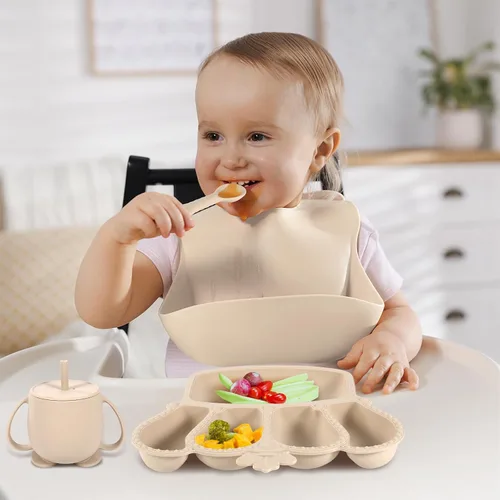 Miniatura 7 de Juego de alimentación para bebés de silicona 10 piezas Suministros de destete con luz LED para bebés Cuenco con ventosa Plato dividido Baberos